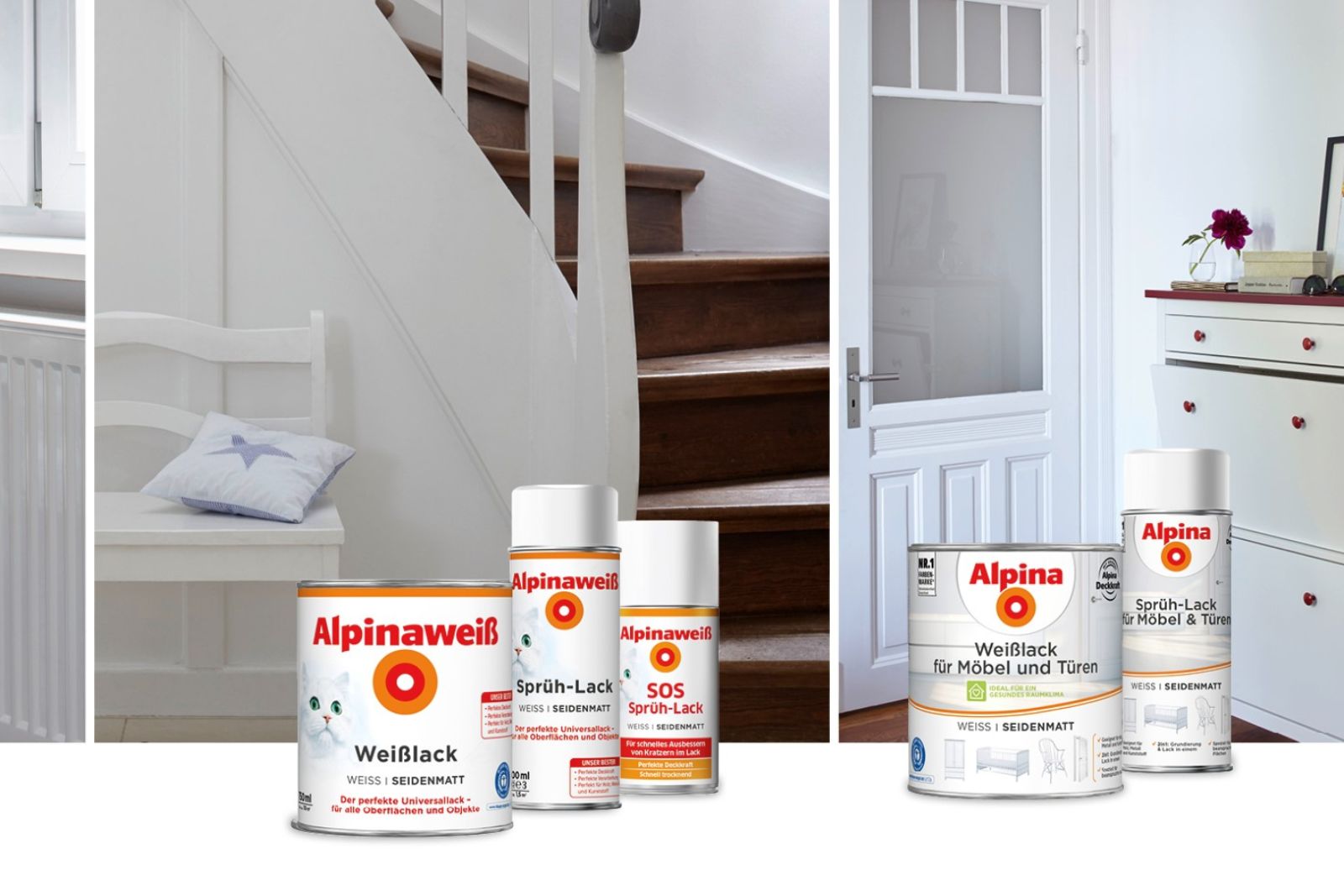 Drei Farbdosen vor renoviertem Treppenhaus